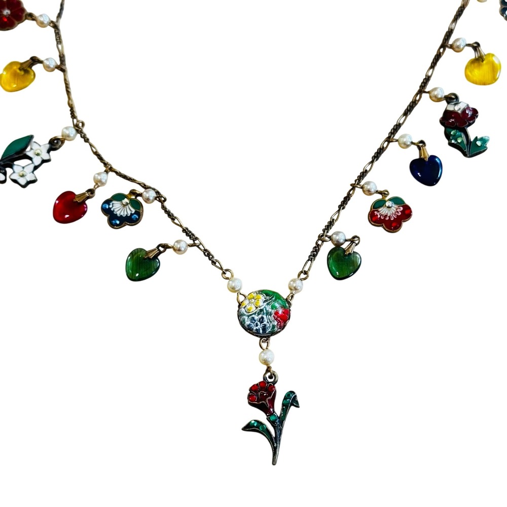VTG Glass Works Studio Charm Necklace Crystal Enamel Heart Pansy Flower Long